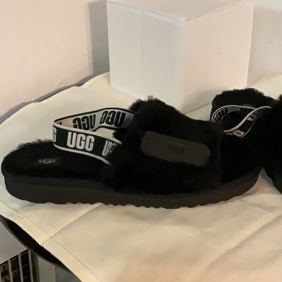 UGG Fluff Yeah Genuine Shearling Slingback Sandals, Size 6, Black - Picture 2 of 7